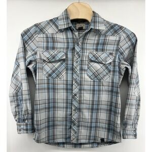 LL Bean Overland Performance Flannel Shirt Blue Gray Plaid Medium Reg Wool Blend